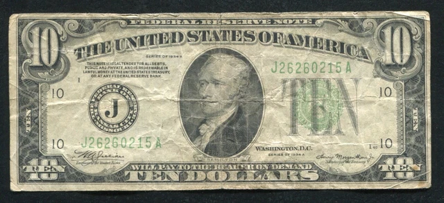 1934-A $10 Ten Dollars Frn Federal Reserve Note Kansas City, Mo (B)