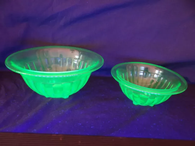 Vintage HAZEL ATLAS Uranium Glass Nesting Mixing Bowls SET OF 2 Green Ribbed