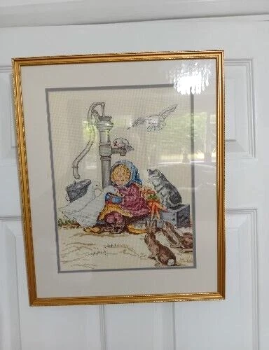 Beautiful Framed Tapestry Sampler Needlepoint "Bucilla Girl Animals Cats"