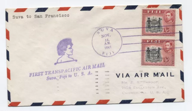 1941 Fiji transpacific airmail flight cover cacheted cover 1/5 issue x2 [y9025]