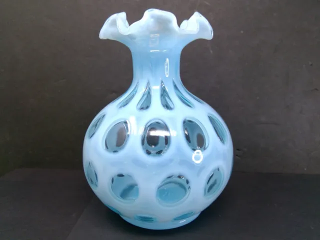 Vintage Fenton Blue Coin Dot Opalescent 6 1/2" Ruffled Top Bulbous Vase