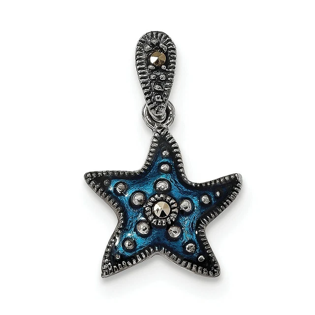 925 Sterling Silver Vintage Blue Marcasite Star Necklace Pendant Charm Fish Sea