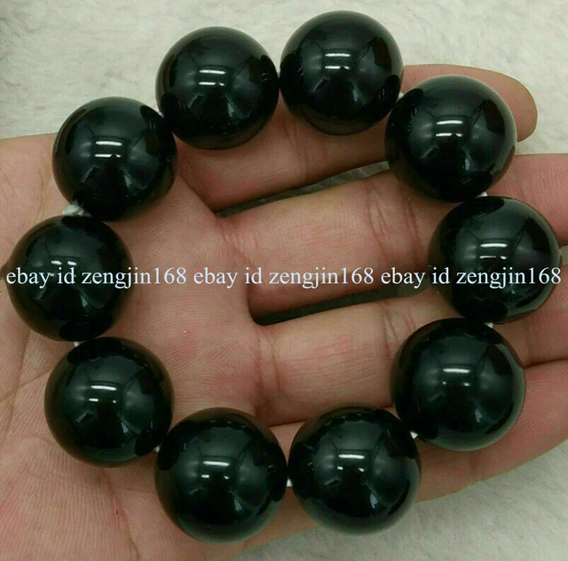 20mm Natural Black Agate Onyx Gemstone Round Beads Elastic Bracelets 7.5''