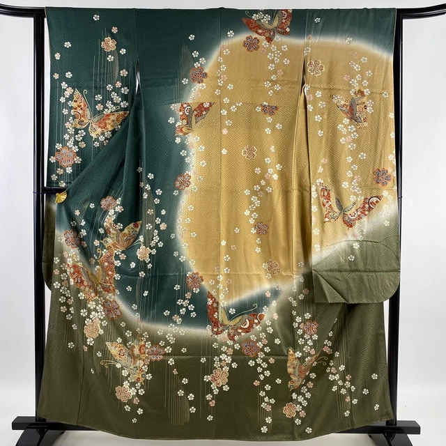 Japanese Silk Kimono Vintage Furisode Gold Gorgeous Gray Green Butterfly 63in