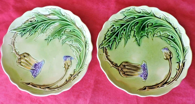 Rare French Majolica  2 plates with Thistle Purple Flowers Orchies