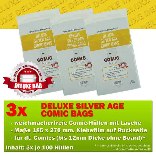 300x Comic Concept Deluxe Silver Age Comic Bags Hüllen m. Lasche 185 x 270 mm