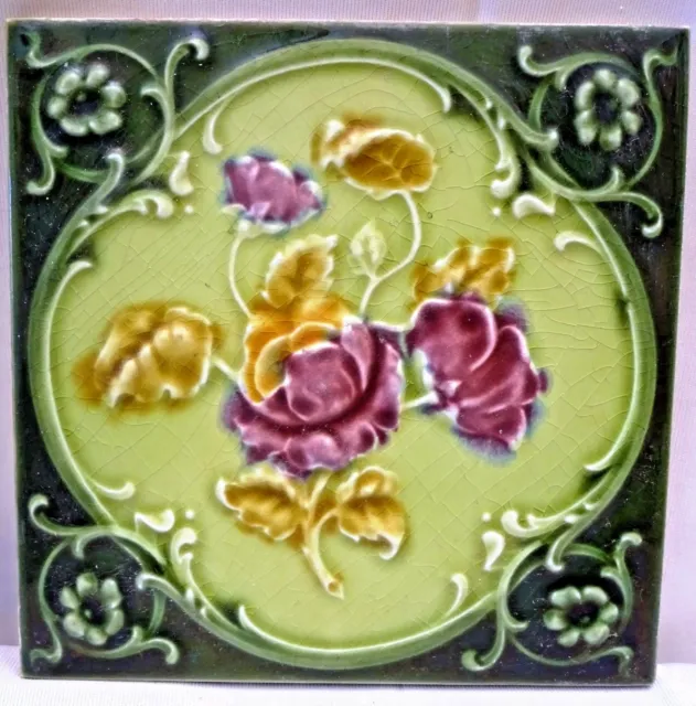 Antique Majolica England Pink Ceramic Flower Purple Green Tile