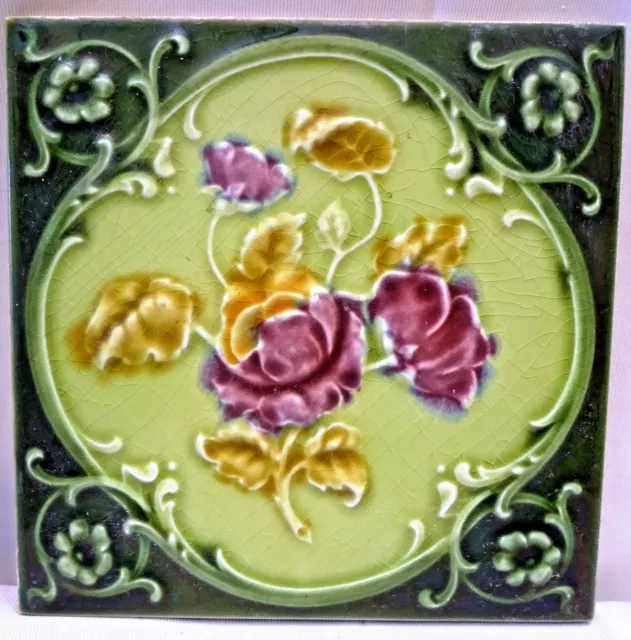 Antique Tile Majolica England Ceramic Rose Flower Purple Green Architecture "126