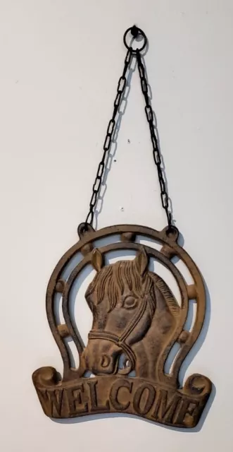 Cast Iron Welcome Sign with Horse Head & Horseshoe  9" on Chain Ranch Cowboy