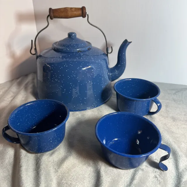 Blue White Speckled Graniteware Enamelware Goose Neck Teapot Tea Kettle w 3 cups