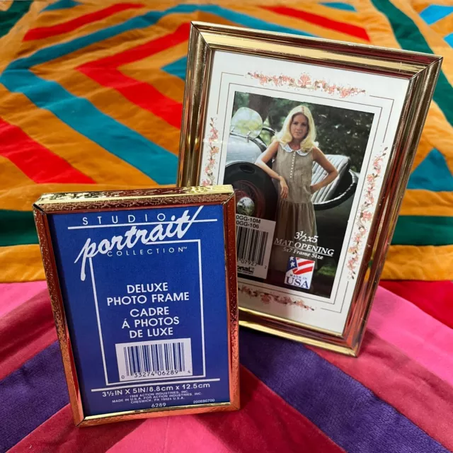 Lot of 2 Vintage Gold Brass Tone Picture Frames 1988 1991 Floral Matted 4x6 5x7