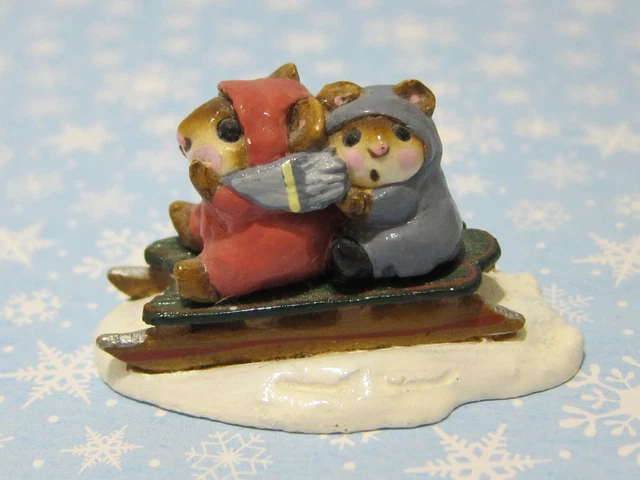 Wee Forest Folk M-85 Little Sledders Mauve and Gray Suits on Green Sled Vintage