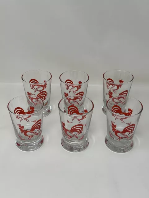 Vintage Libbey Red Rooster Juice Double Shot Glasses 4oz MCM Barware Set Of 6