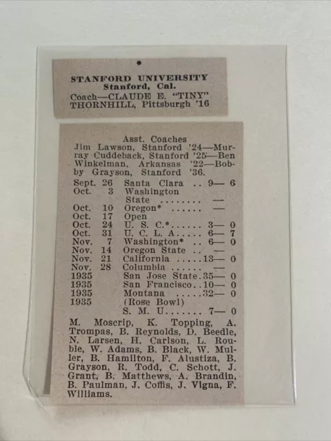 Stanford University Indians Cardinal CA 1935 College Football Schedule & Roster