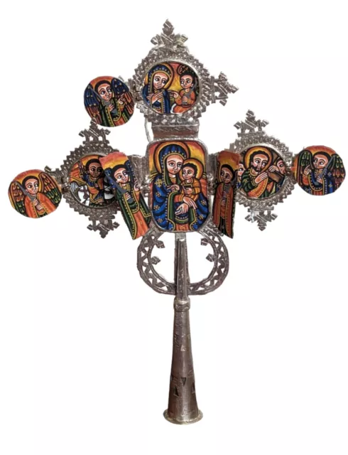 Ethiopian Orthodox Coptic Christian Silver Painted Processional Cross Home Decor