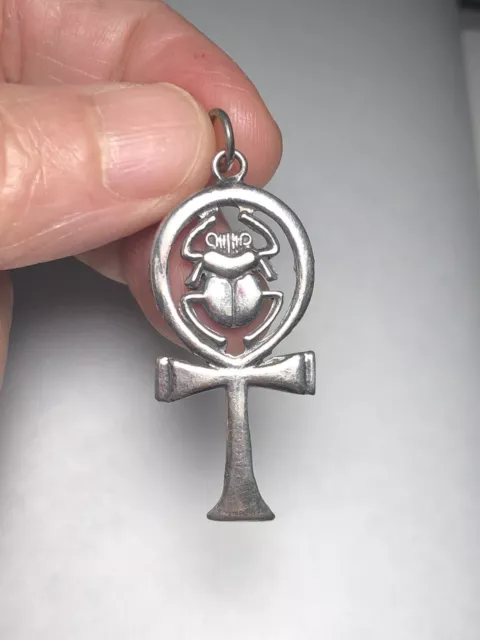 Very nice HEAVY SOLID SILVER ANKH Scarab Fancy pendant Egyptian Cross Charm