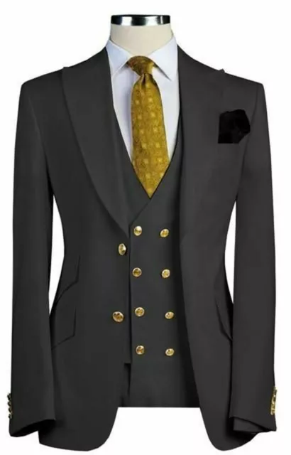 Men Black Designer Gold Button Wedding Grooms Dinner Suit (Coat+Vest+Pants)