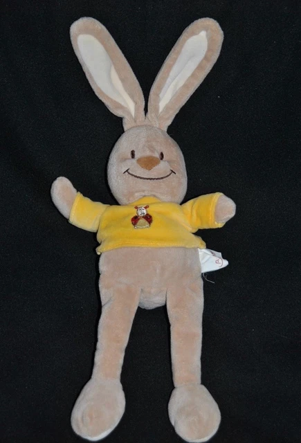 Peluche doudou lapin beige BENGY pull jaune coccinelle rouge 30 + 13 Cm TTBE