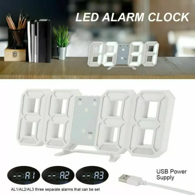 USB LED Digital Table Wall Clock Large 3D Display Alarm Clock Brightness Dimmer 2