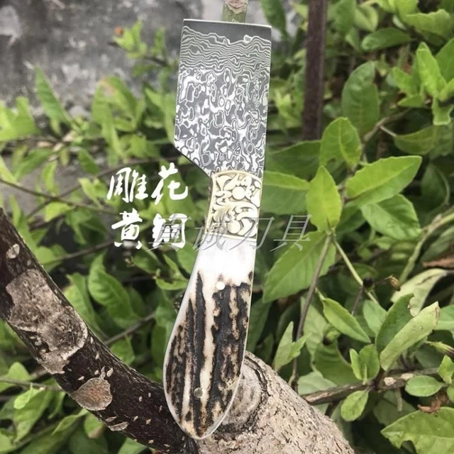Cuchillo de corte hoja de Damasco cuero artesanal cuerno real comercio herramientas cortadoras de esquí