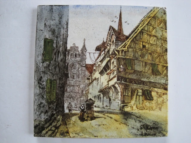 ANTIQUE VICTORIAN PRINT & TINT PICTORAL TILE  - ST. PIERRE, LISIEUX c1895 BOOTE!