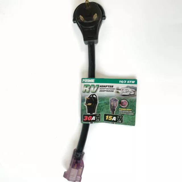 RV Adapter 14/3 30 Amp Plug to  Lighted 15 Amp Connector