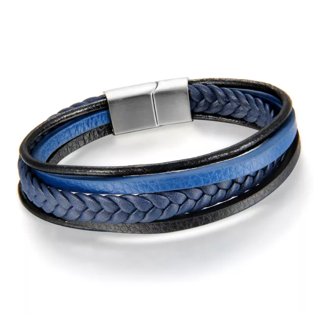 Stainless Steel Multi-layer Men Blue Braided Leather Bangle Bracelet Magnetic