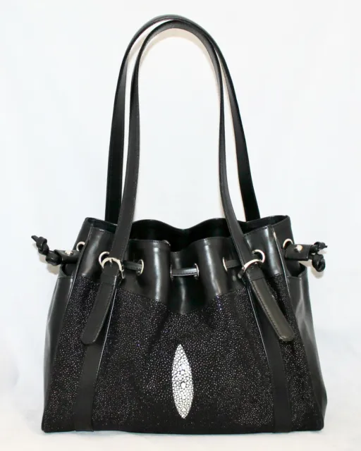NINA RAYE Black Genuine Stingray Skin Drawstring Satchel Shoulder Bag