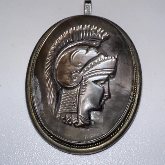 Vintage Sterling Silver  Oval Mother of Pearl cameo Roman Soldier Pendant