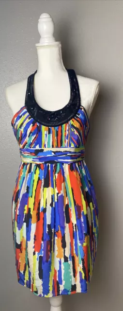 Shoshanna Silk Rainbow Watercolor Beaded Halter Dress Size 0 Sequin Cocktail