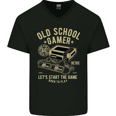 Old School Gamer Gaming Funny Mens V-Neck Cotton T-Shirt