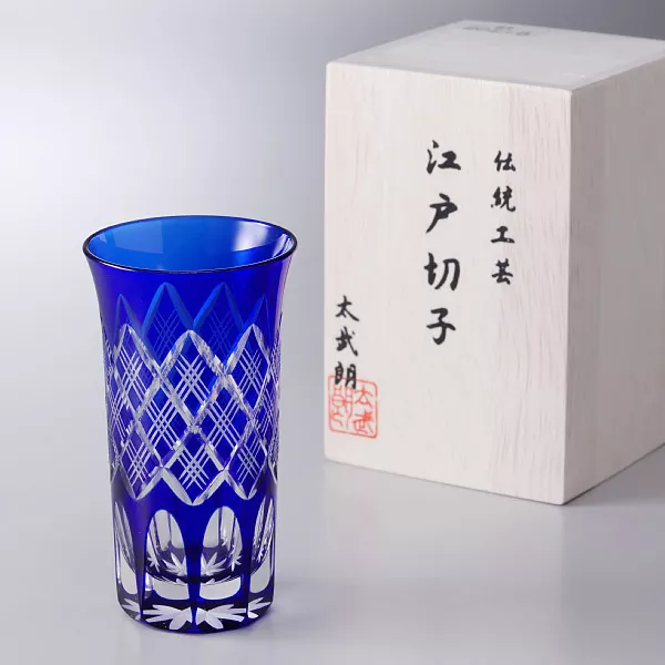 Cut glass EDO KIRIKO "Yarai Crest" - shot glass/blue -