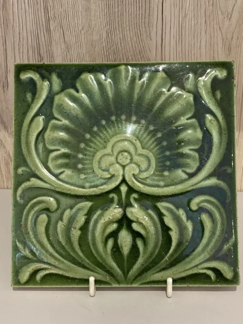 Antique Art Nouveau Majolica Glazed 6" Floral Tile