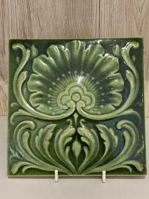 Antique Art Nouveau Majolica Glazed 6" Floral Tile