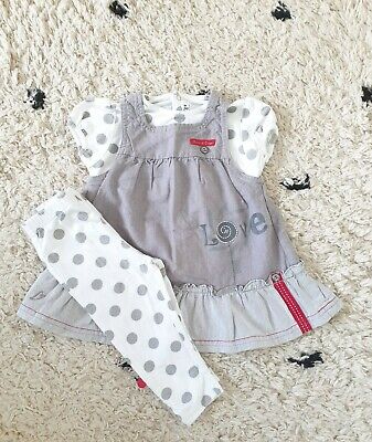 Baby Girls grey white spotty dress top & leggings outfit set | 3-6 months