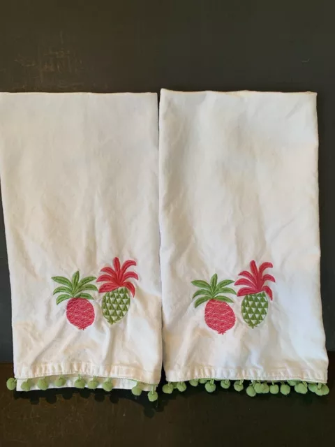 Set of 2 Embroidered Pineapple Kitchen Dish Tea Towels w/Ball Fringe