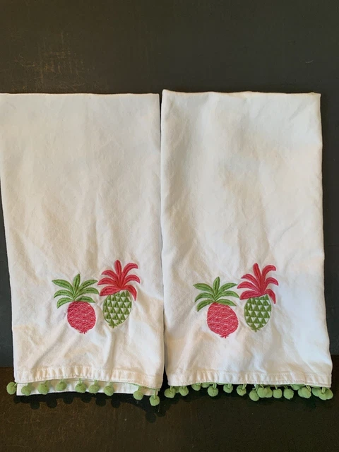 Set of 2 Embroidered Pineapple Kitchen Dish Tea Towels w/Ball Fringe
