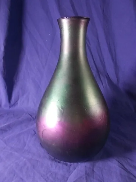 Czech Kralik "Mica" Iridescent Amethyst and Green Art Glass Vase, 10"