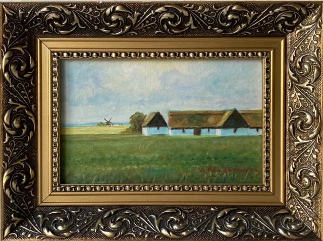 Pequeño Pintura Al Óleo Impresionista Paisaje de Verano Con Casas Dinamarca