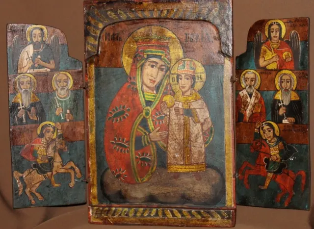 De Colección Icono Ortodoxo Pintado A Mano Tríptico La Virgen Cristo Niño