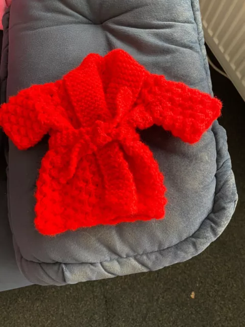 Doll Clothes New Hand Knitted Red Dressing Gown To Fit 12/14”Height