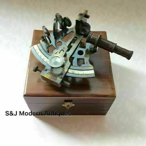 5" Nautical Table Top Antique Brass Marine Maritime Sextant W/ Wooden Box Gift