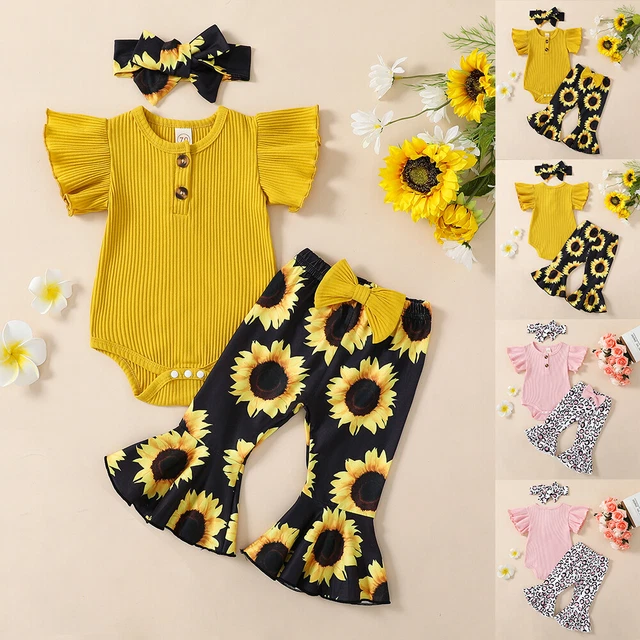 Newborn Baby Girls Ruffle Romper Tops Floral Flared Pants Outfits Set Clothes