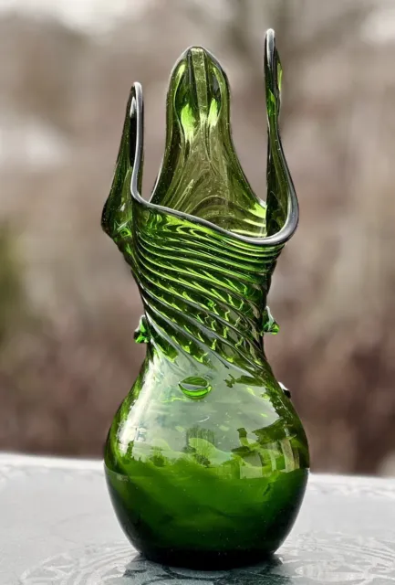 Vtg Czech Boho Emerald Green Knobby 12" Tall Swung Art Glass MCM Vase
