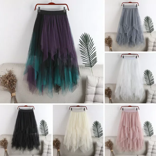 Women Mesh Tulle Tutu Skirt Layered Pleated Party Elegant Ladies Maxi Long Dress