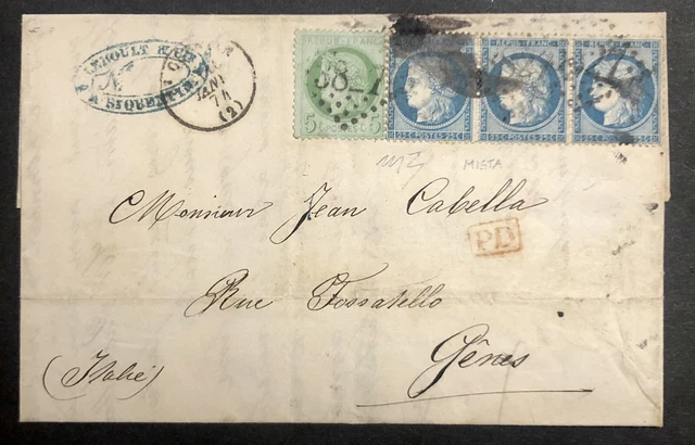Francia 25+25+25+5 Striscia X3 Mista 1874 Lettera St Quentin PD Italia Genova