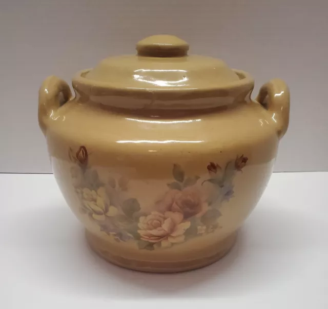 Stoneware Crock Vintage Covered Casserole Dish Cookie Jar W Handles U.S. Made