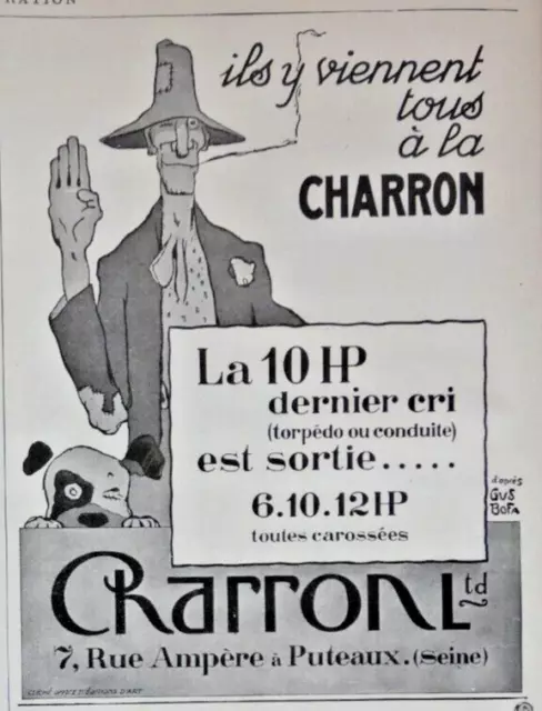 Publicité Presse 1926 Charron La 10 Hp Dernier Cri Torpédo Ou Conduite Gus Bofa