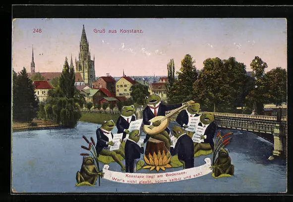 AK Konstanz am Bodensee, Uferpartie mit Kirche und singenden Fröschen 1925