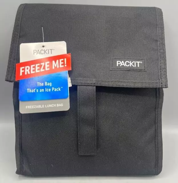 PackIt Freezable Lunch Bag W/ Zip Closure Black Tote Built in Ice Pack NEW